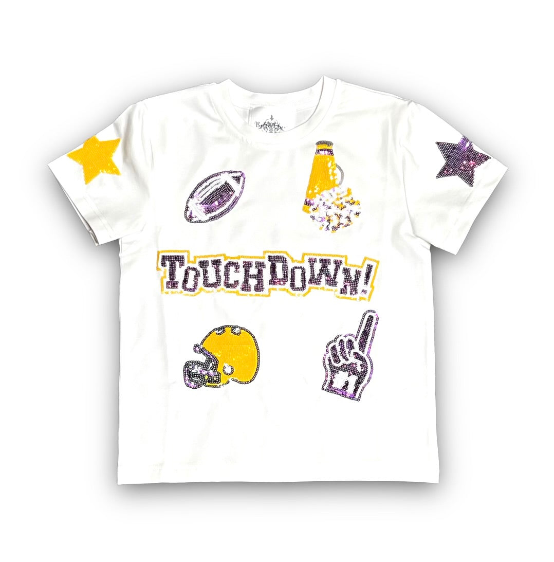 Purple & Gold Football Collage Sequin Shirt – Olly-Olly