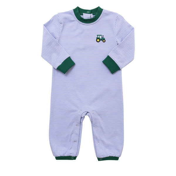 Itsy Bitsy Striped Blue/Green Tractor Long-Sleeved Romper