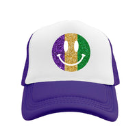 Azarhia Mardi Gras Smiley Face Rhinestone Trucker Hat