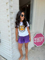 White Rhinestone Tiger Tee with Lavender Trim