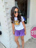 White Rhinestone Tiger Tee with Lavender Trim