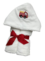 Hooded Appliqued Firetruck Towel with Red Trim