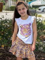 Azarhia Sequin Tiger Face on White Ruffle Tee