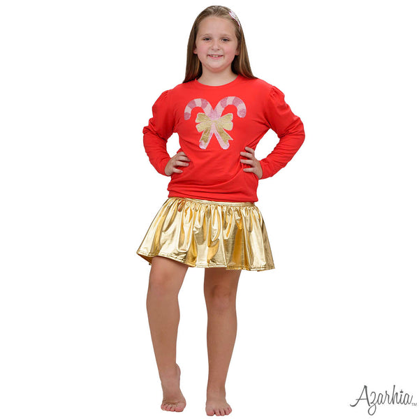 Azarhia Pink Sequin Candy Canes French Terry Holly Red Sweatshirt