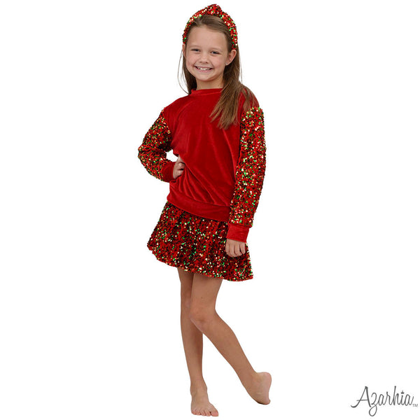 Azarhia Red/Green/Gold Velvet Sweatshirt with Sequin Sleeves