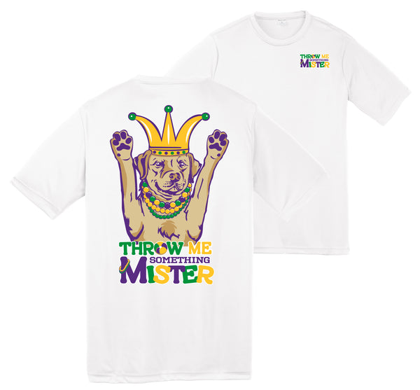 Azarhia Mardi Gras S/S Dri-Fit Shirt - Throw Me Something Puppy on White