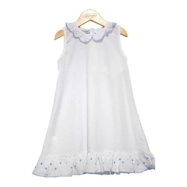 Sweet Dreams White Nightgown with Blue Trim & Embroidered Dots