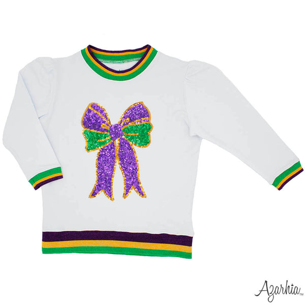 Azarhia White L/S Sequin Mardi Gras Tri-Color Rhinestone Bow Tee