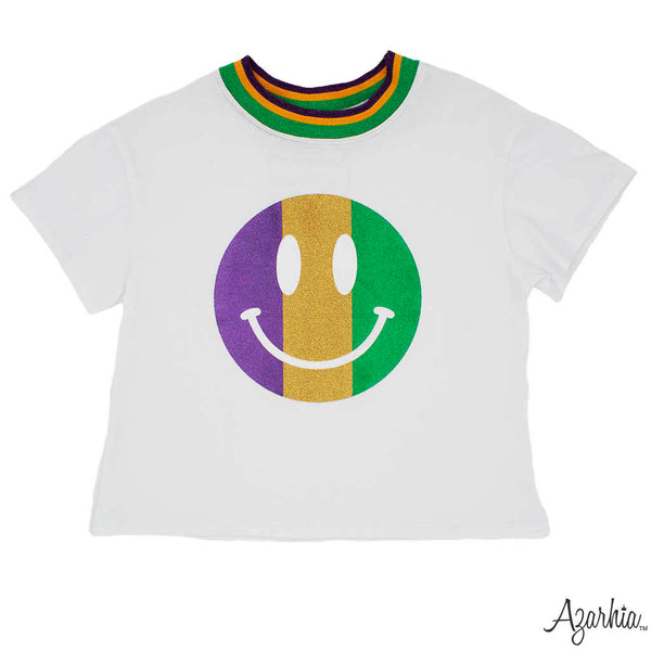 Azarhia Mardi Gras S/S Tri-Color Smiley Face Boxy Tee