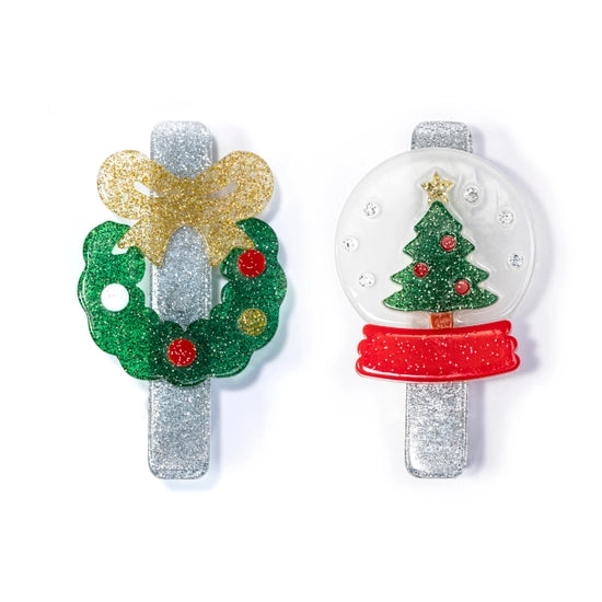 Acrylic Hair Clips -  Christmas Wreath & Snow Globe